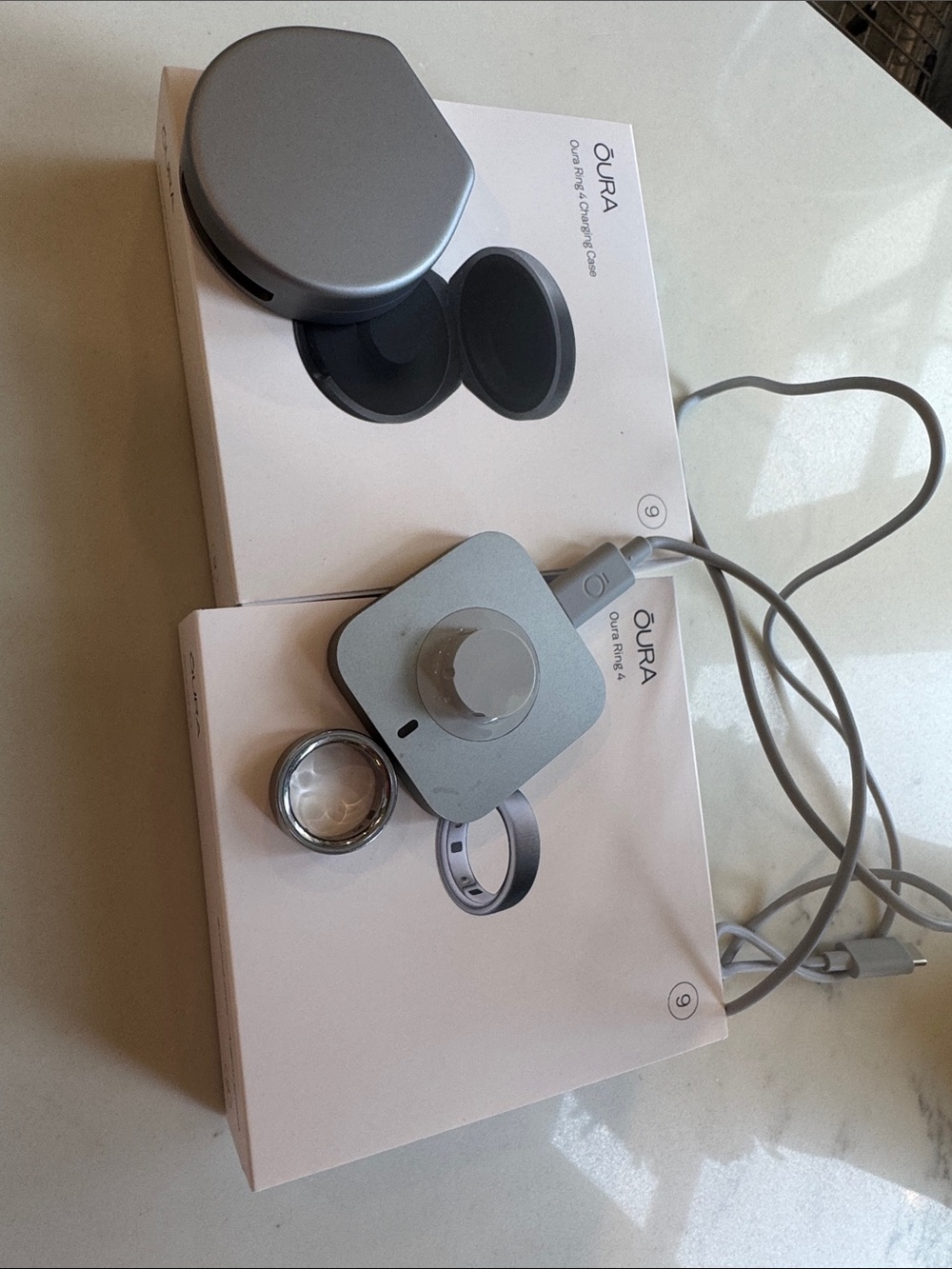 Oura Brushed Silver sz 9 Ring, Charger and Travel Charging Case